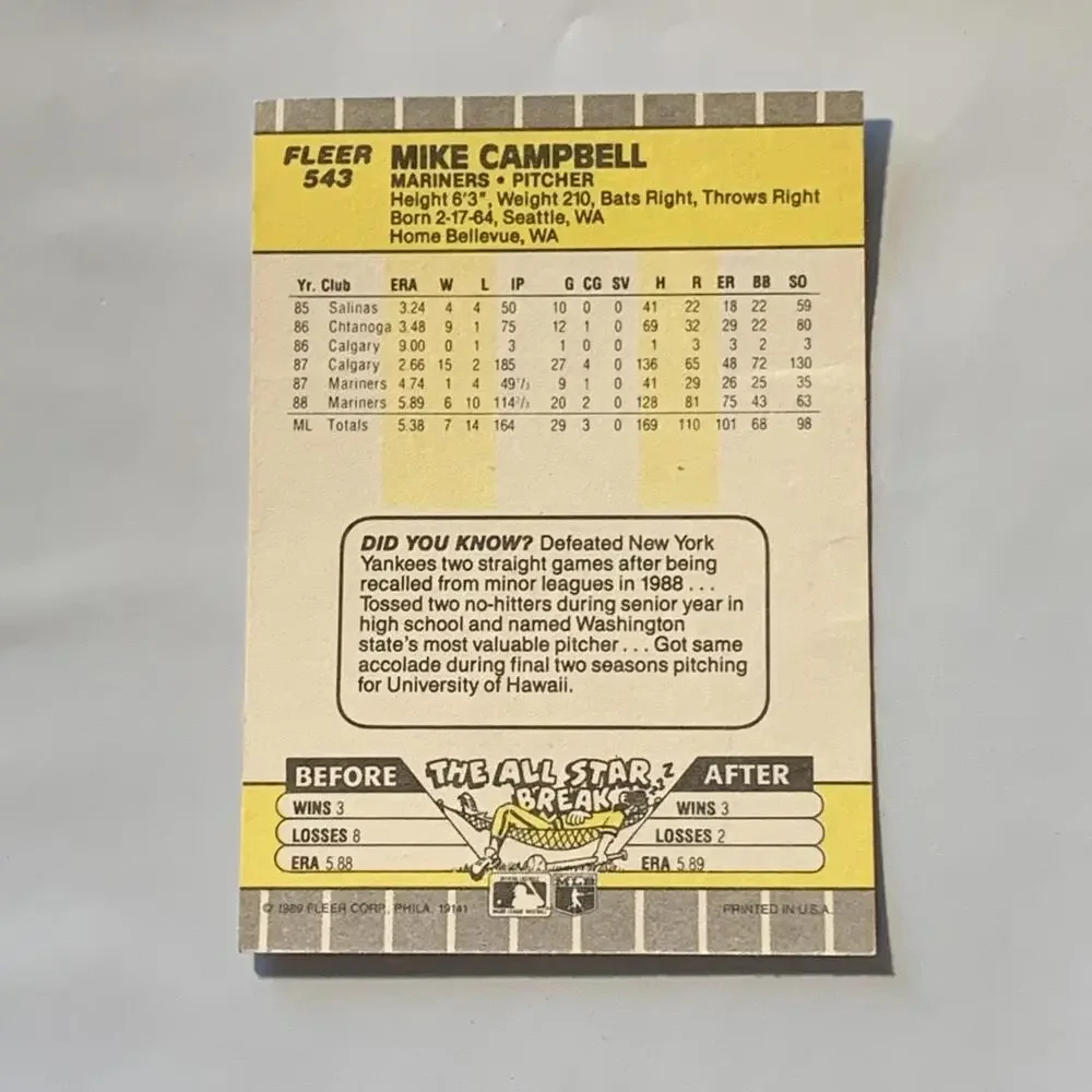 1989 Fleer Mike Campbell Seattle Mariners‎ Baseball Card #543